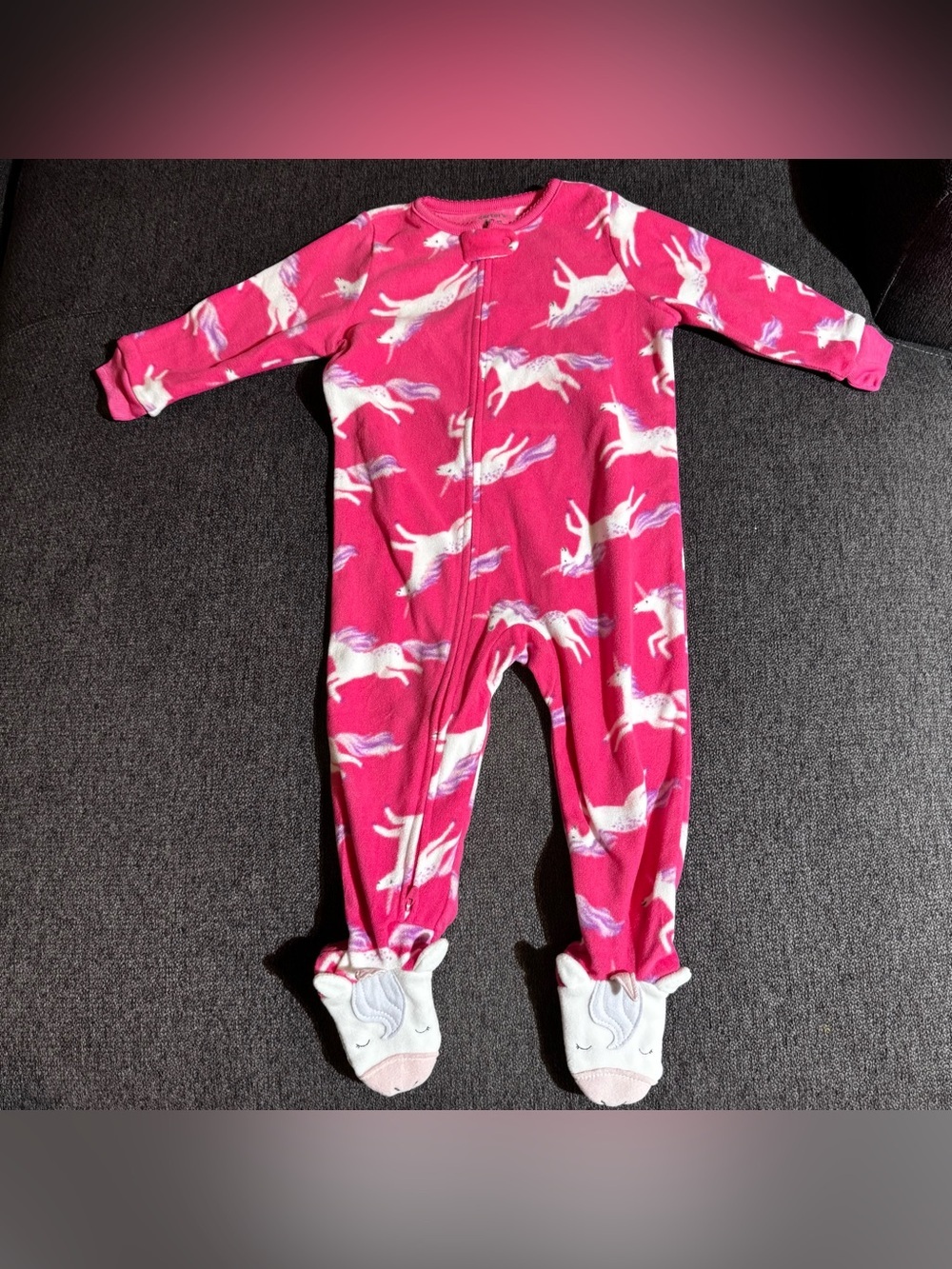 Carter's Bright Pink Unicorn Footed One-Piece Pajama 2-way zip Fleece Baby 18M